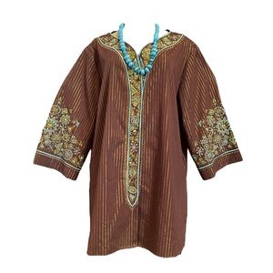 Bob Mackie Wearable Art Brown Teal Geometric Gold Buttons Striped Tunic Blouse